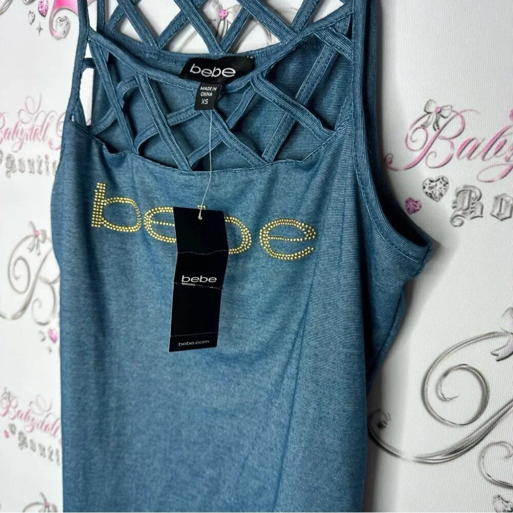 Bebe Blue Strappy Women's Top criss cross denim blue jean style gold bling